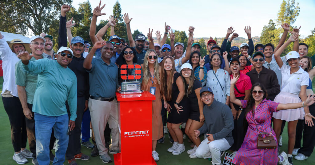 Team Theegala celebrates with Sahith at the Fortinet Championship.
